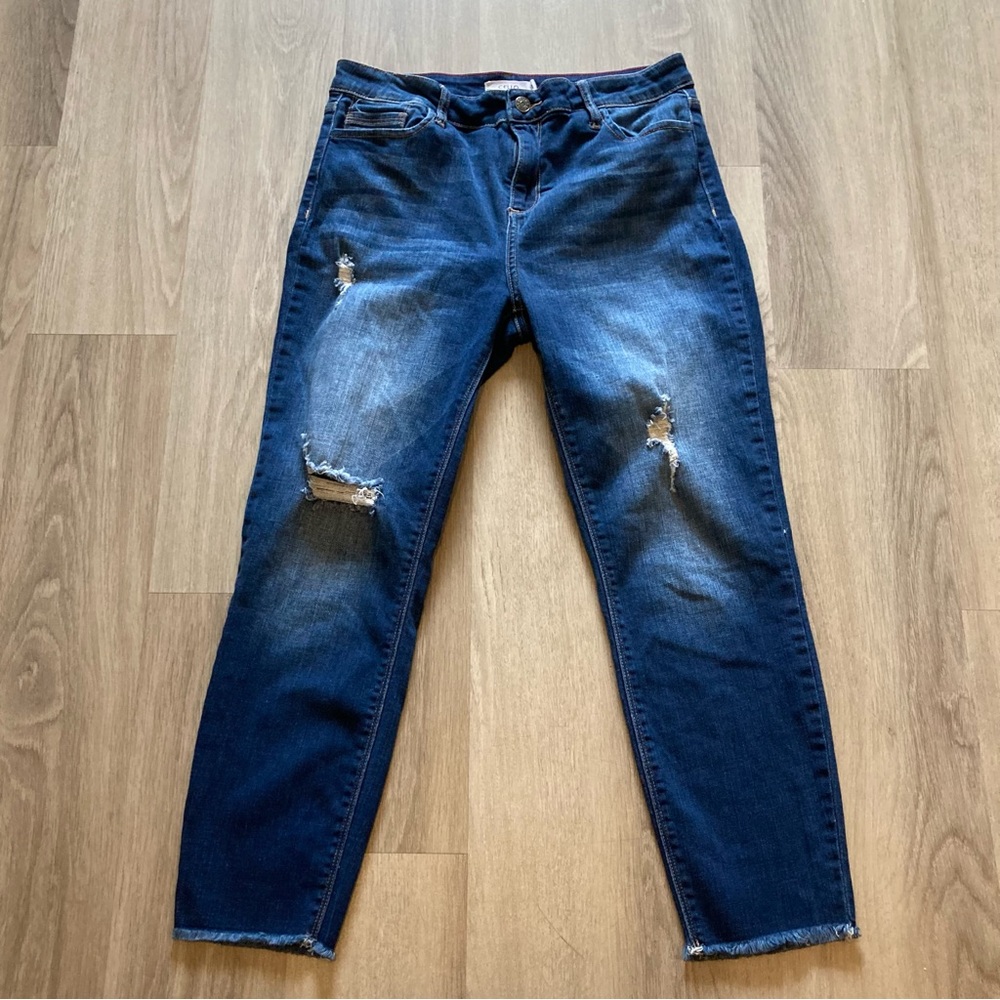 Cello jeans, size US 11, manufactured distressing, dark wash, raw hem